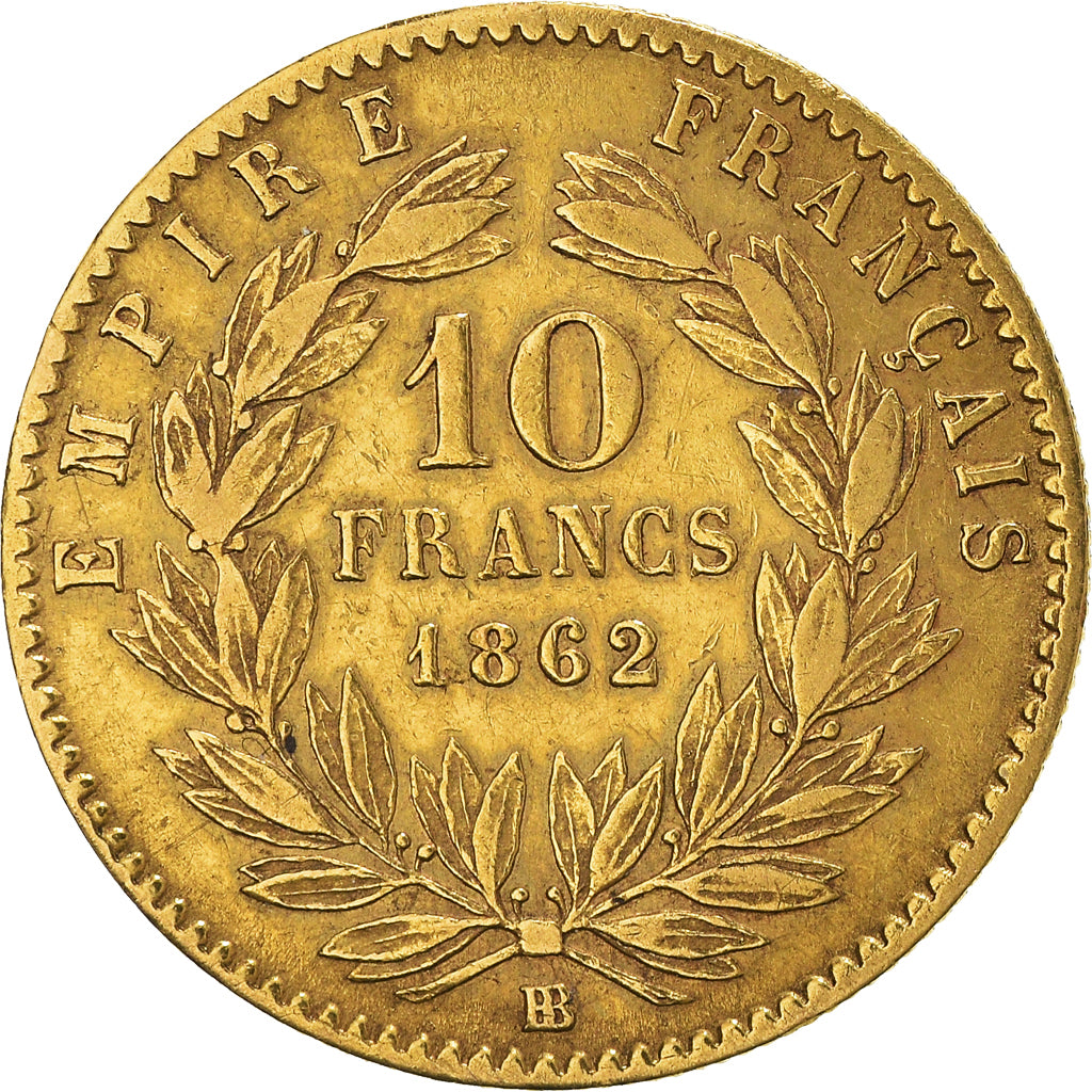 Moneta, Francja, Napoleon III, 10 Francs, 1862, Strasbourg, VF(30-35), Złoto