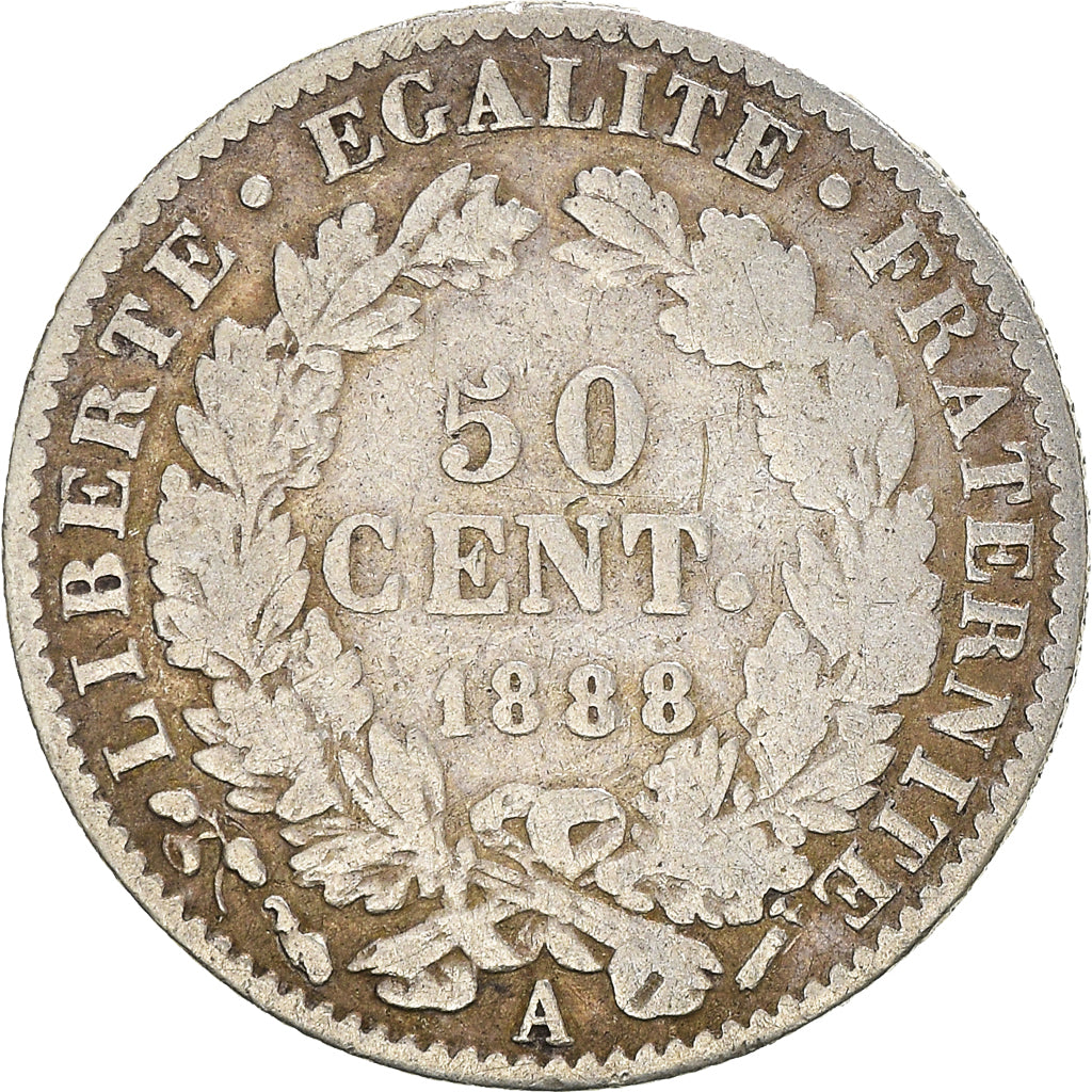 Moneta, Francia, Cérès, 50 Centimes, 1888, Paris, MB, Argento, KM:834.1