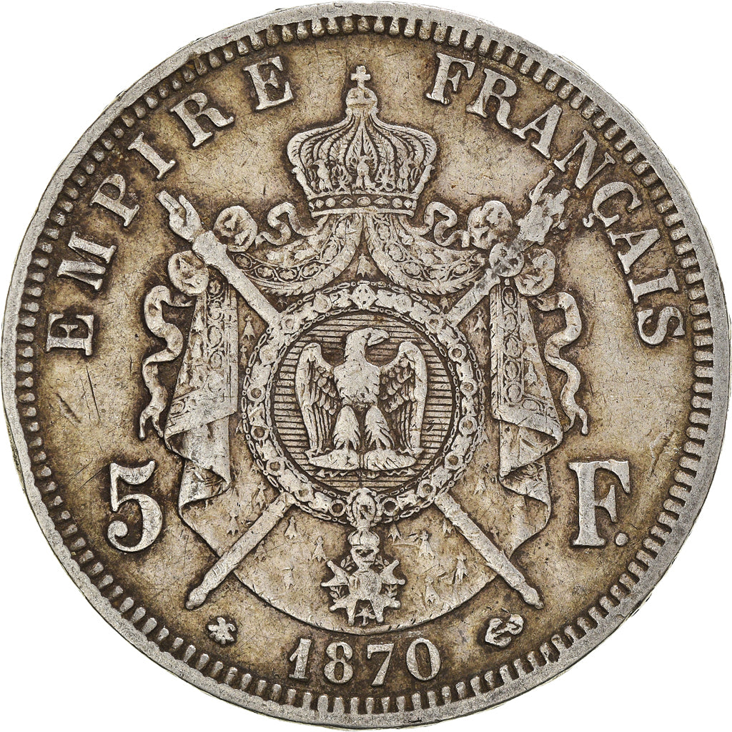Münze, Frankreich, Napoleon III, 5 Francs, 1870, Paris, S+, Silber, KM:799.1