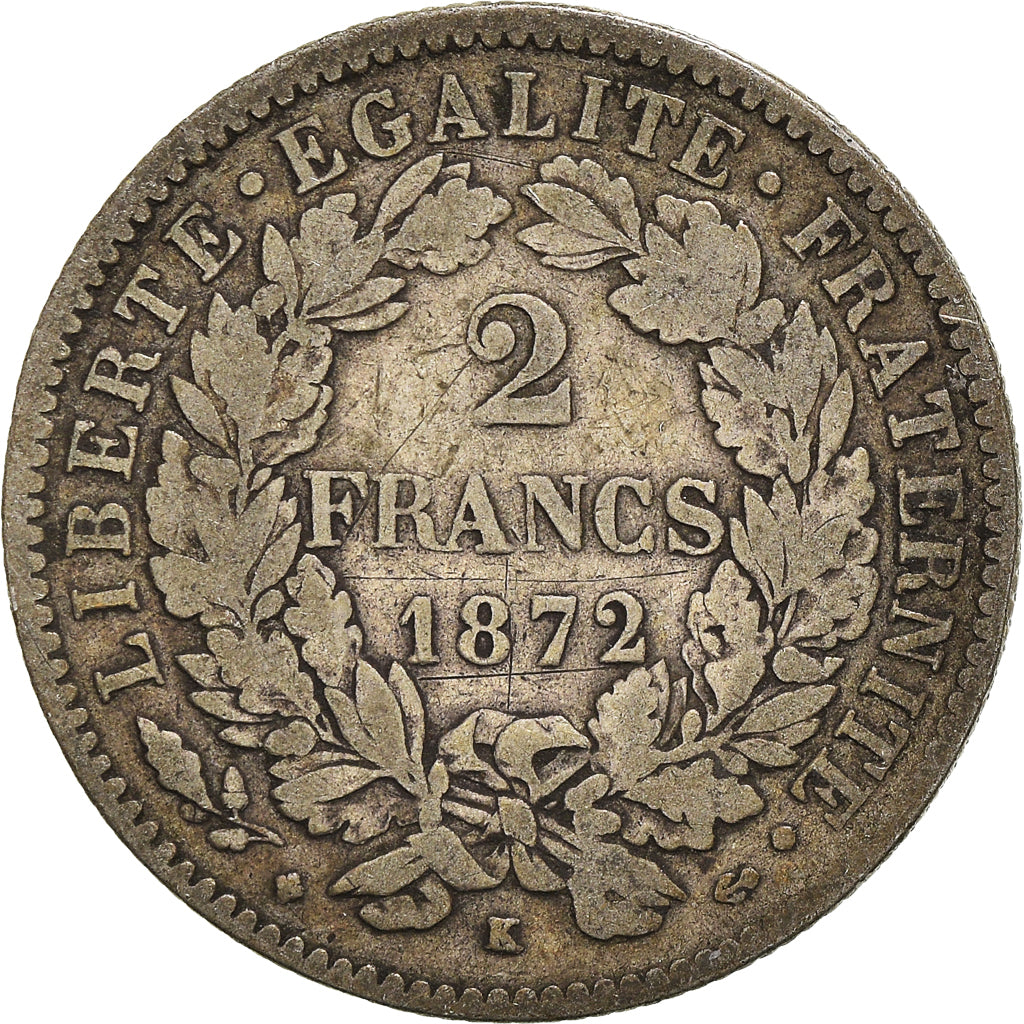 Coin, France, Cérès, 2 Francs, 1872, Bordeaux, VF(20-25), Silver, KM:817.2
