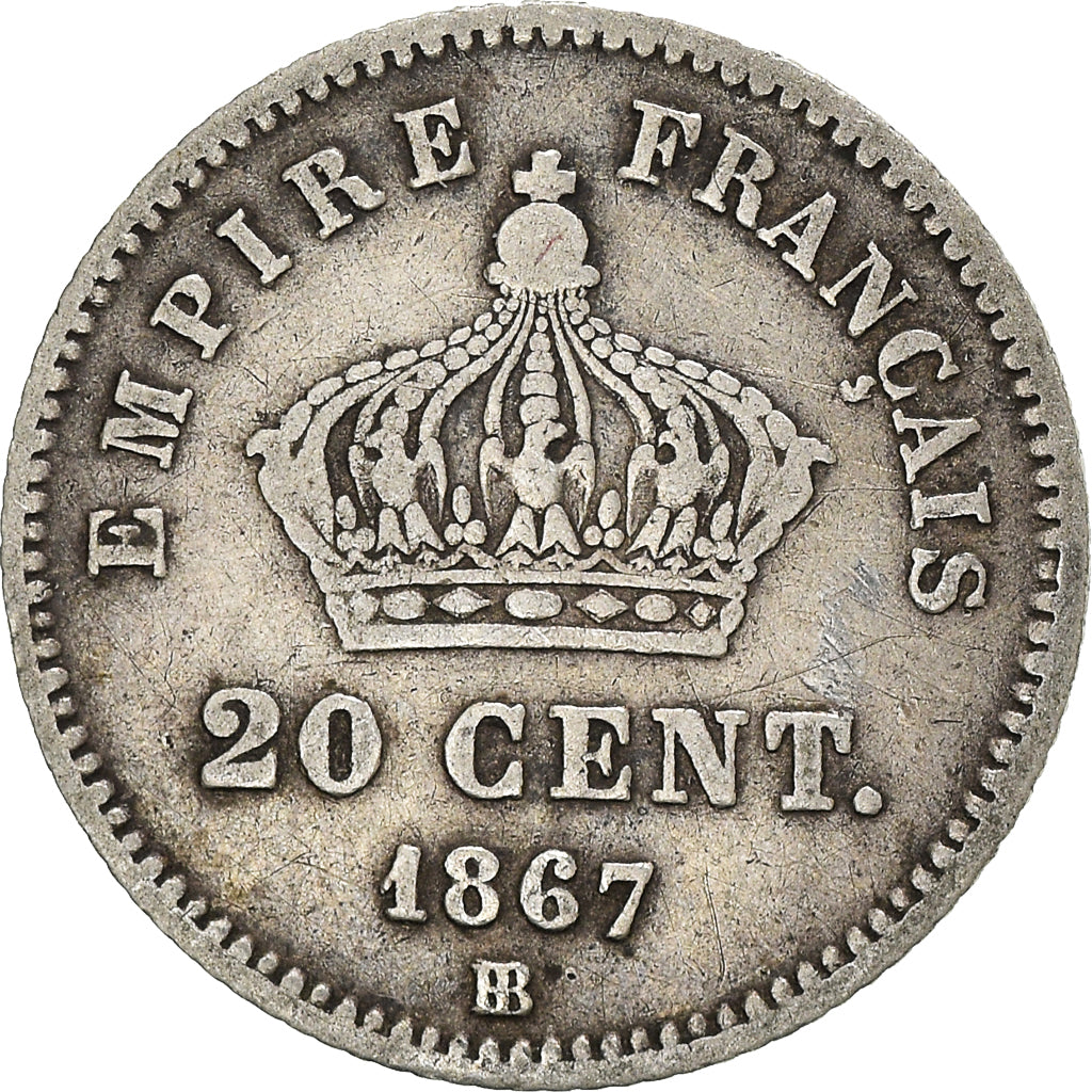 Coin, France, Napoleon III, 20 Centimes, 1867, Strasbourg, VF(30-35), Silver