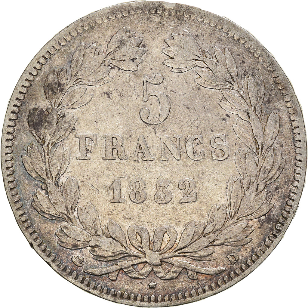 Moneta, Francia, Louis-Philippe, 5 Francs, 1832, Lyon, MB, Argento, KM:749.4