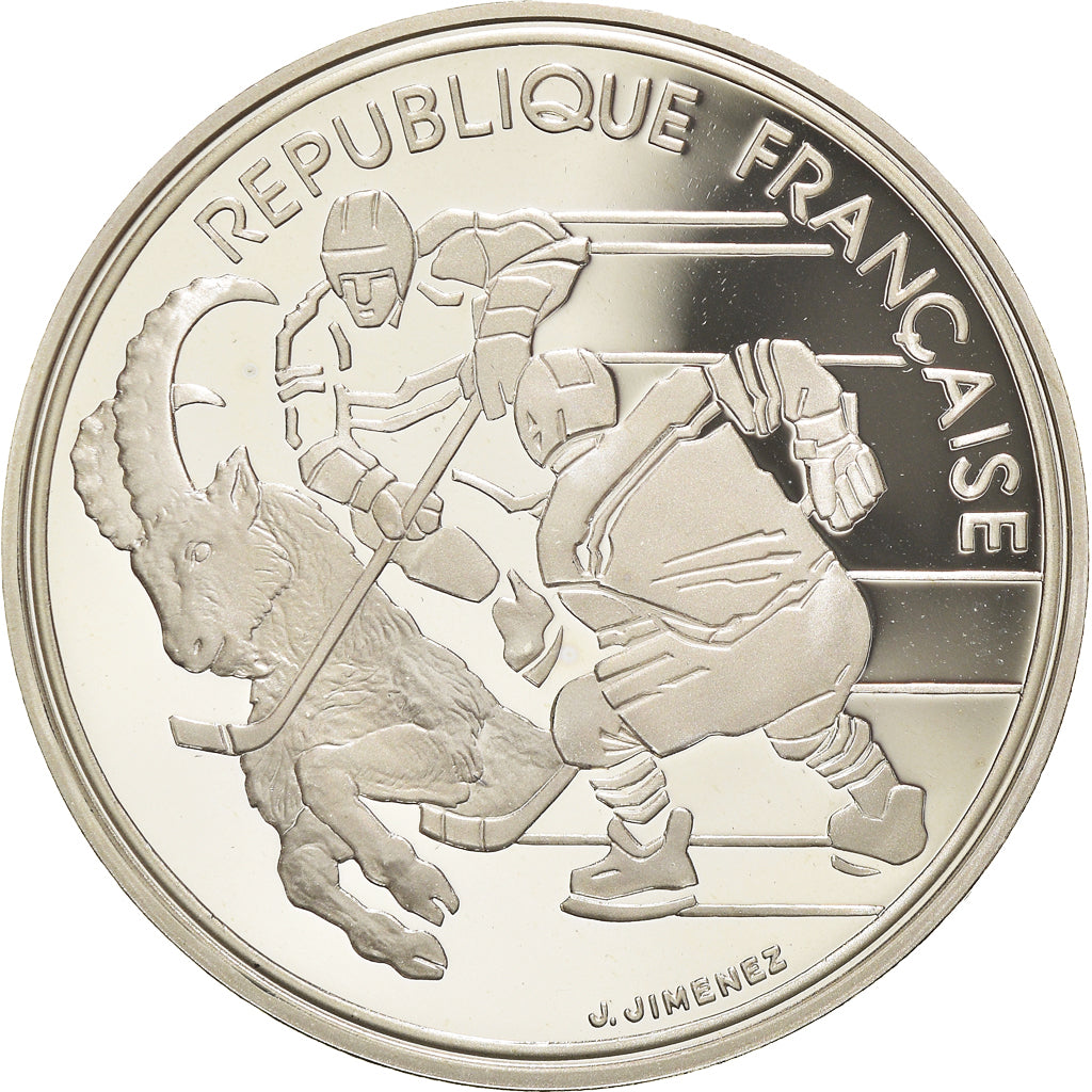 Moneda, Francia, Hockey players, 100 Francs, 1991, Albertville 92, SC+, Plata