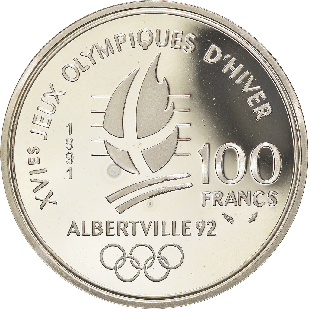 Moneda, Francia, Hockey players, 100 Francs, 1991, Albertville 92, SC+, Plata