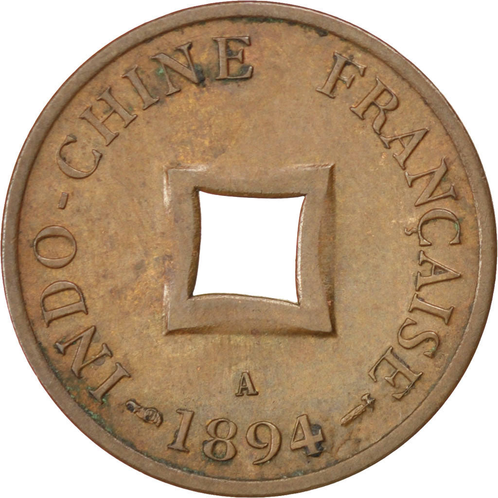 FRENCH INDO-CHINA, 2 Sapeque, 1894, Paris, KM #6, AU(50-53), Bronze, Lecompte...