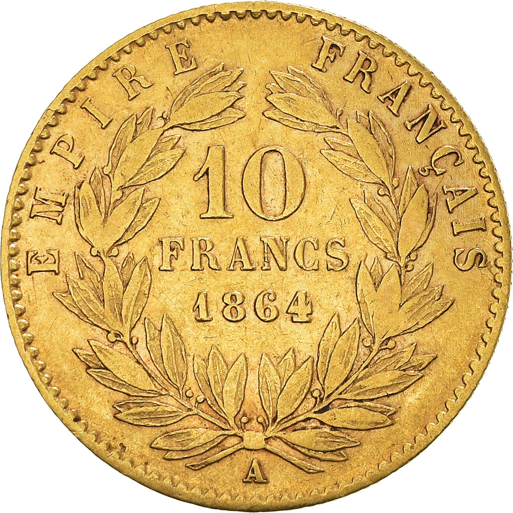 Moneta, Francia, Napoleon III, 10 Francs, 1864, Paris, MB+, Oro, KM:800.1