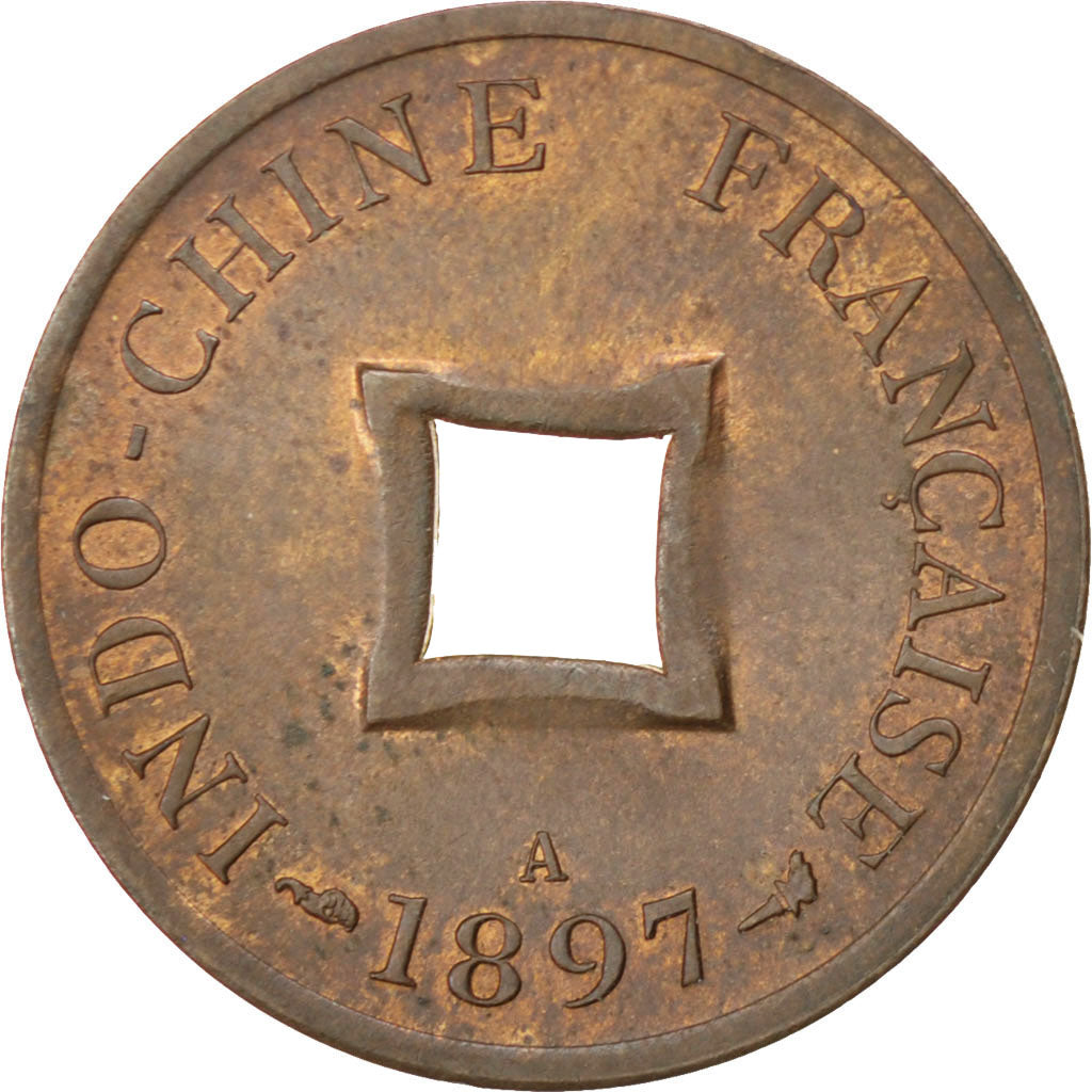 FRENCH INDO-CHINA, 2 Sapeque, 1897, Paris, KM #6, AU(55-58), Bronze, Lecompte...