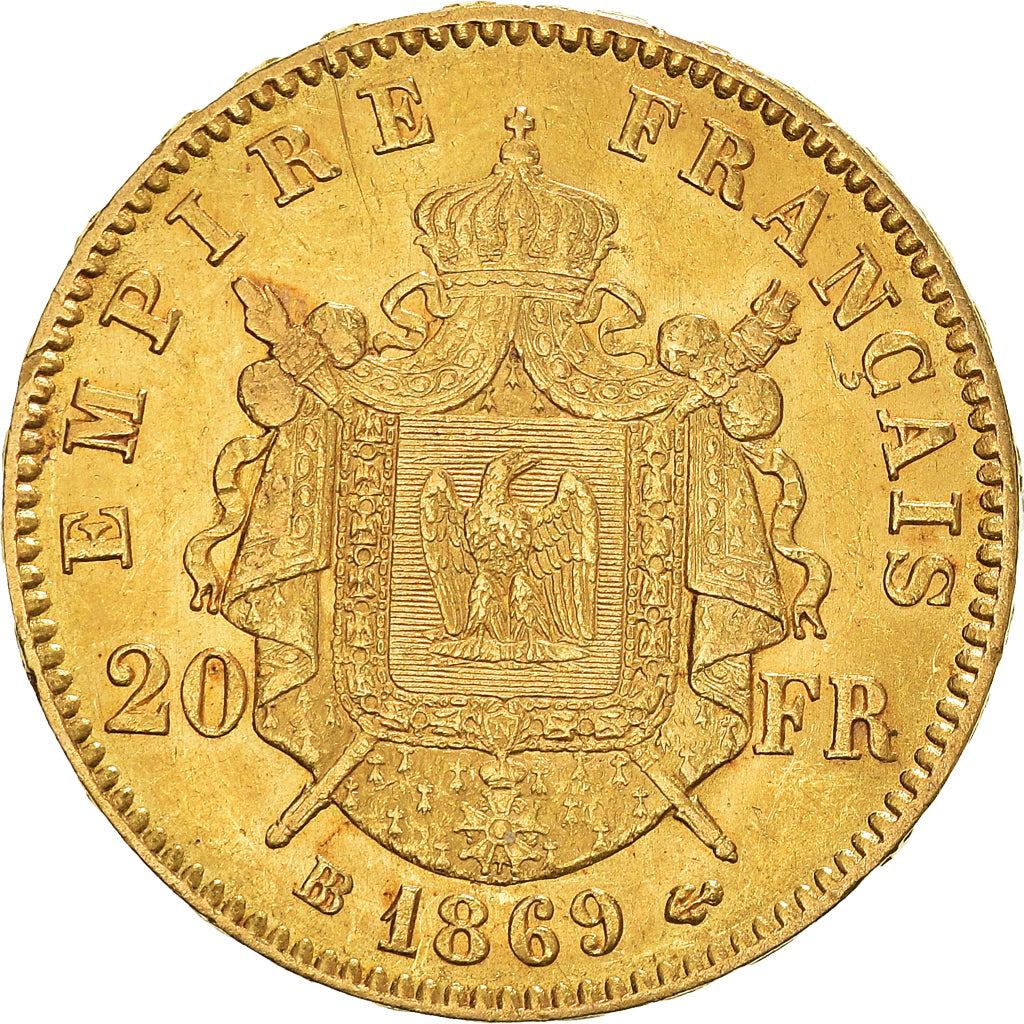 Moneta, Francia, Napoleon III, 20 Francs, 1869, Strasbourg, BB+, Oro, KM:801.2