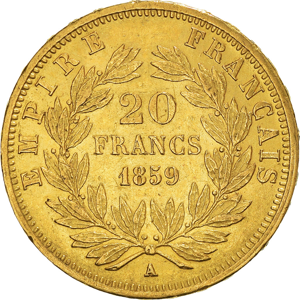 Moneta, Francia, Napoleon III, 20 Francs, 1859, Paris, BB+, Oro, KM:781.1