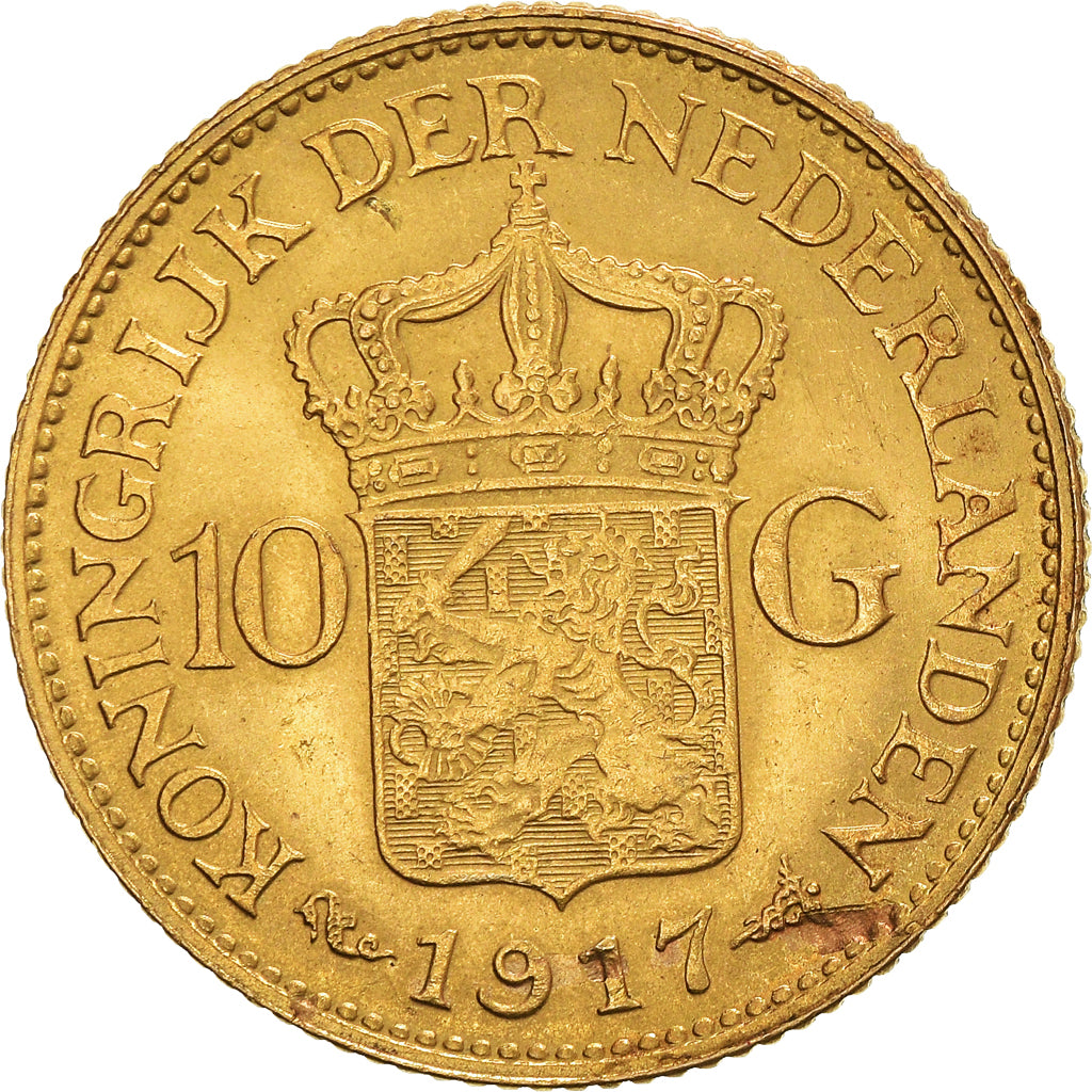 Moneta, Paesi Bassi, Wilhelmina I, 10 Gulden, 1917, SPL-, Oro, KM:149