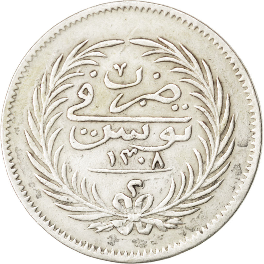 TUNISIA, 2 Piastres, 1891, KM #210, EF(40-45), Silver, Lecompte #42, 5.98