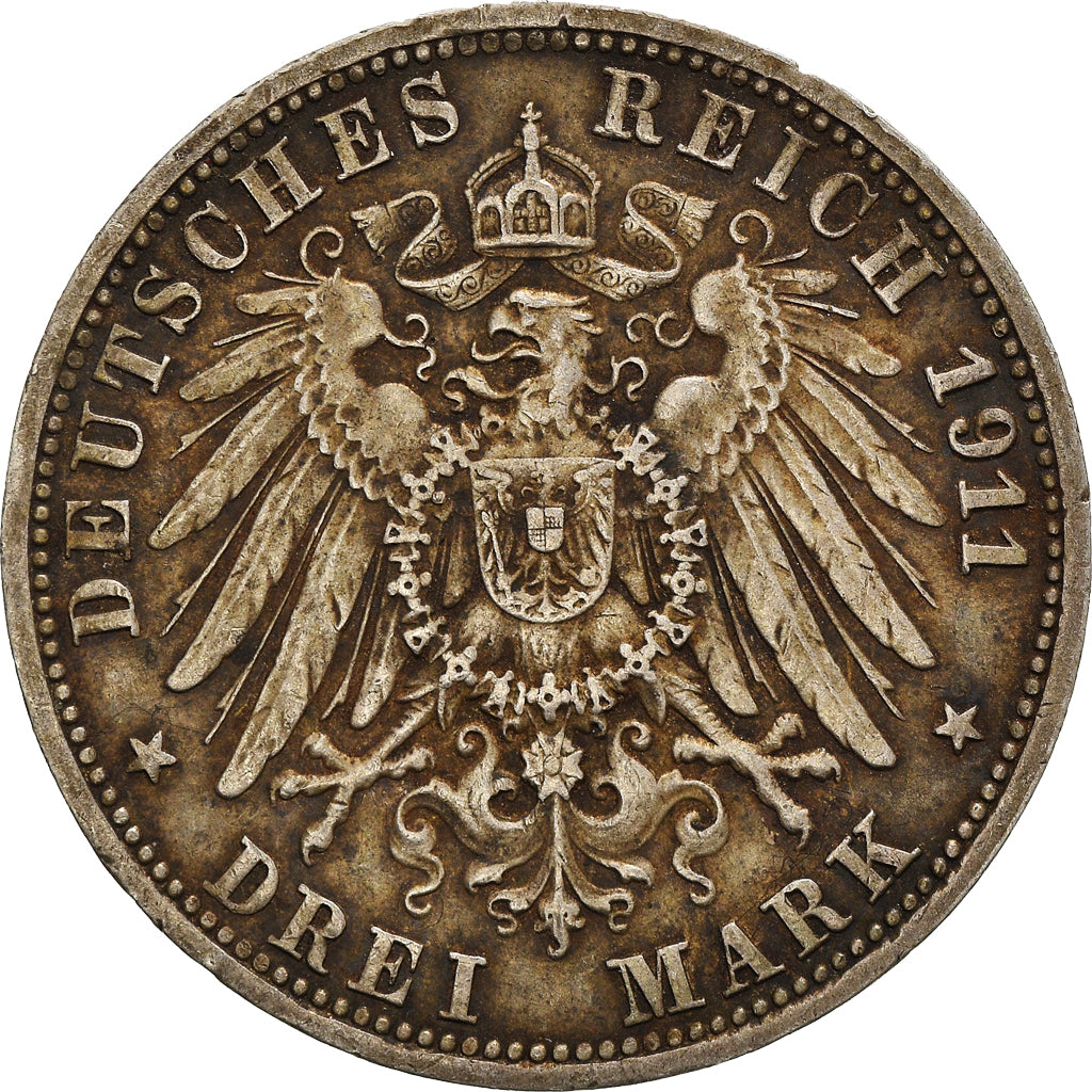 Coin, German States, WURTTEMBERG, Wilhelm II, 3 Mark, 1911, Freudenstadt