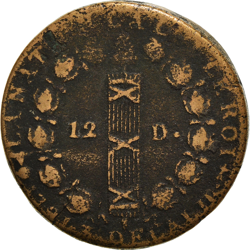 Moneda, Francia, Louis XVI, 12 Deniers, 1791, Metz, BC+, Bronce, Gadoury:15