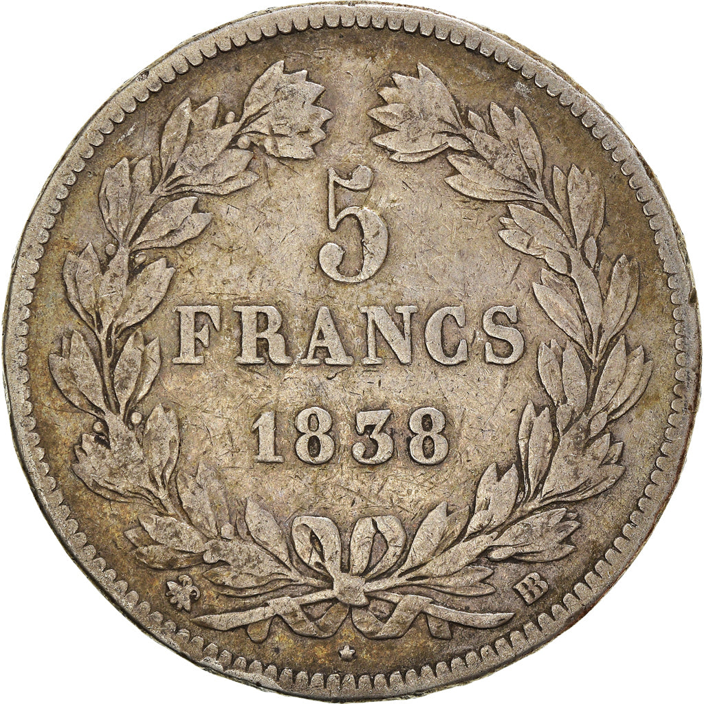 Coin, France, Louis-Philippe, 5 Francs, 1838, Strasbourg, VF(20-25), Silver
