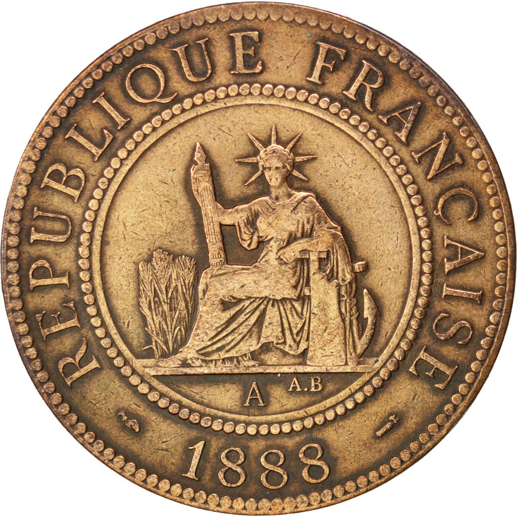 FRENCH INDO-CHINA, Cent, 1888, Paris, KM #1, VF(30-35), Bronze, 31, Lecompte...