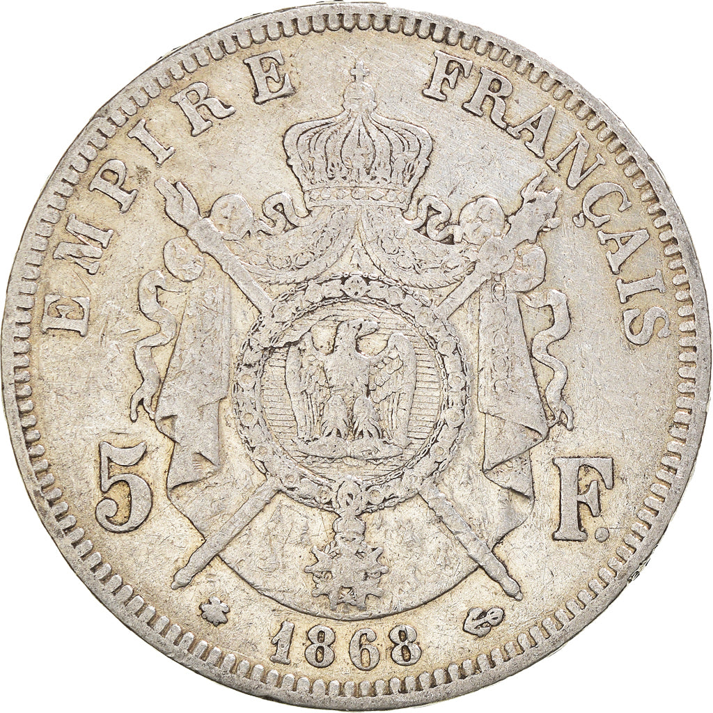 Moneta, Francia, Napoleon III, 5 Francs, 1868, Paris, MB, Argento, KM:799.1