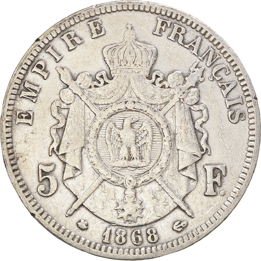 Moeda, França, Napoleon III, 5 Francs, 1868, Paris, VF(20-25), Prata, KM:799.1