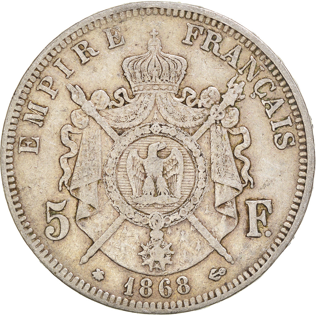 Moneta, Francia, Napoleon III, 5 Francs, 1868, Paris, MB+, Argento, KM:799.1