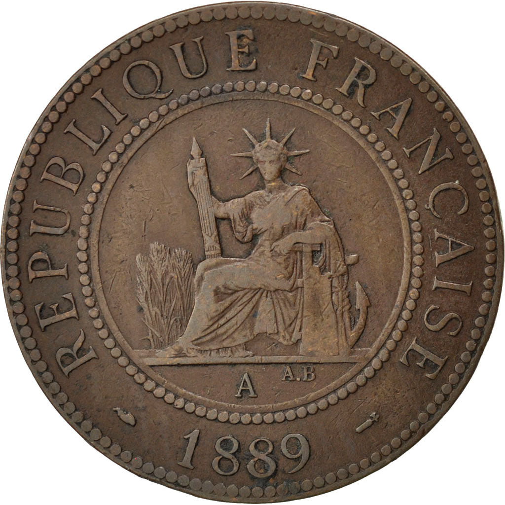 FRENCH INDO-CHINA, Cent, 1889, Paris, KM #1, EF(40-45), Bronze, 31, Lecompte...