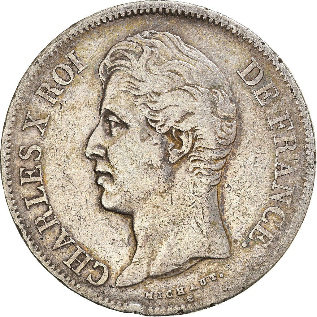 Moneta, Francia, Charles X, 5 Francs, 1827, Marseille, MB+, Argento, KM:728.10