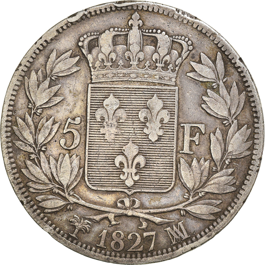 Moneta, Francia, Charles X, 5 Francs, 1827, Marseille, MB+, Argento, KM:728.10