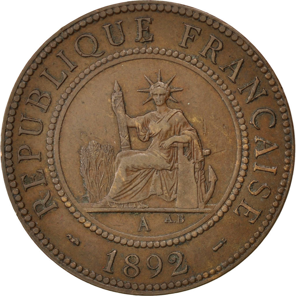 FRENCH INDO-CHINA, Cent, 1892, Paris, KM #1, EF(40-45), Bronze, 31, Lecompte...