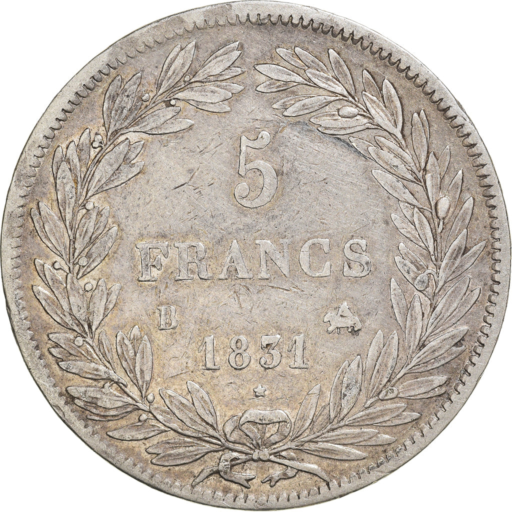Moneta, Francia, Louis-Philippe, 5 Francs, 1831, Rouen, MB+, Argento, KM:735.2