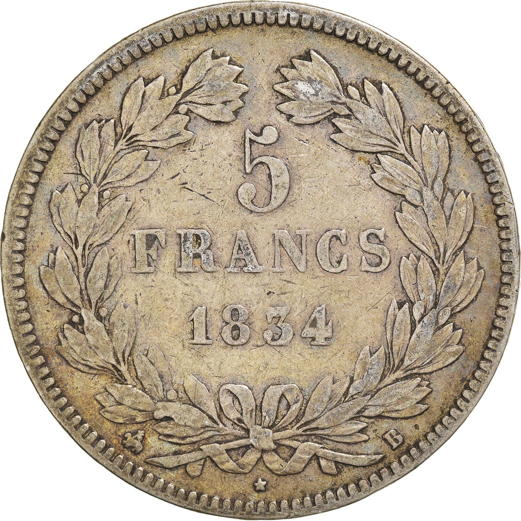 Münze, Frankreich, Louis-Philippe, 5 Francs, 1834, Rouen, S+, Silber, KM:749.2