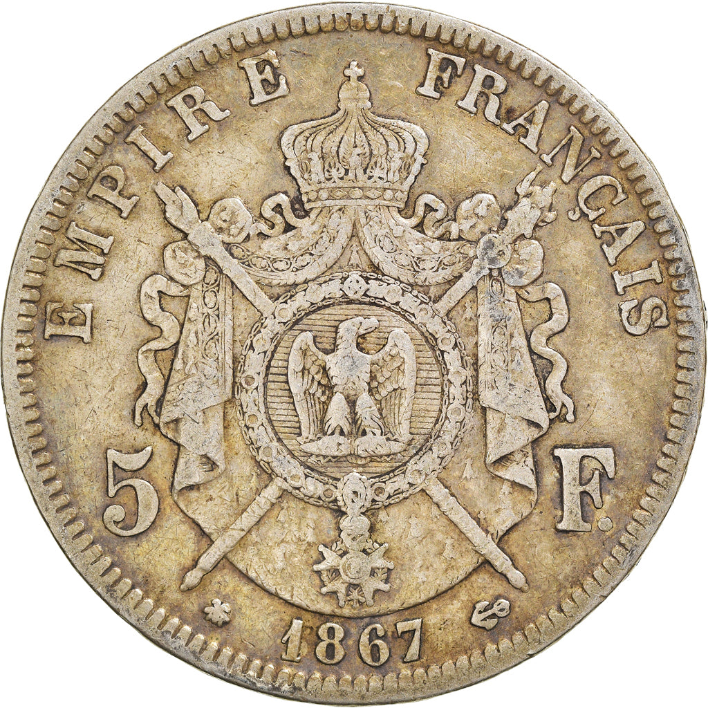 Monnaie, France, Napoleon III, 5 Francs, 1867, Paris, TB+, Argent, KM:799.1