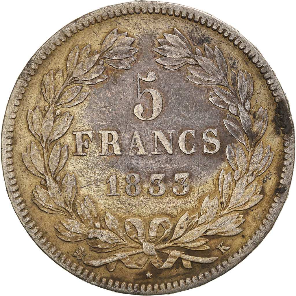 Münze, Frankreich, Louis-Philippe, 5 Francs, 1833, Bordeaux, S+, Silber