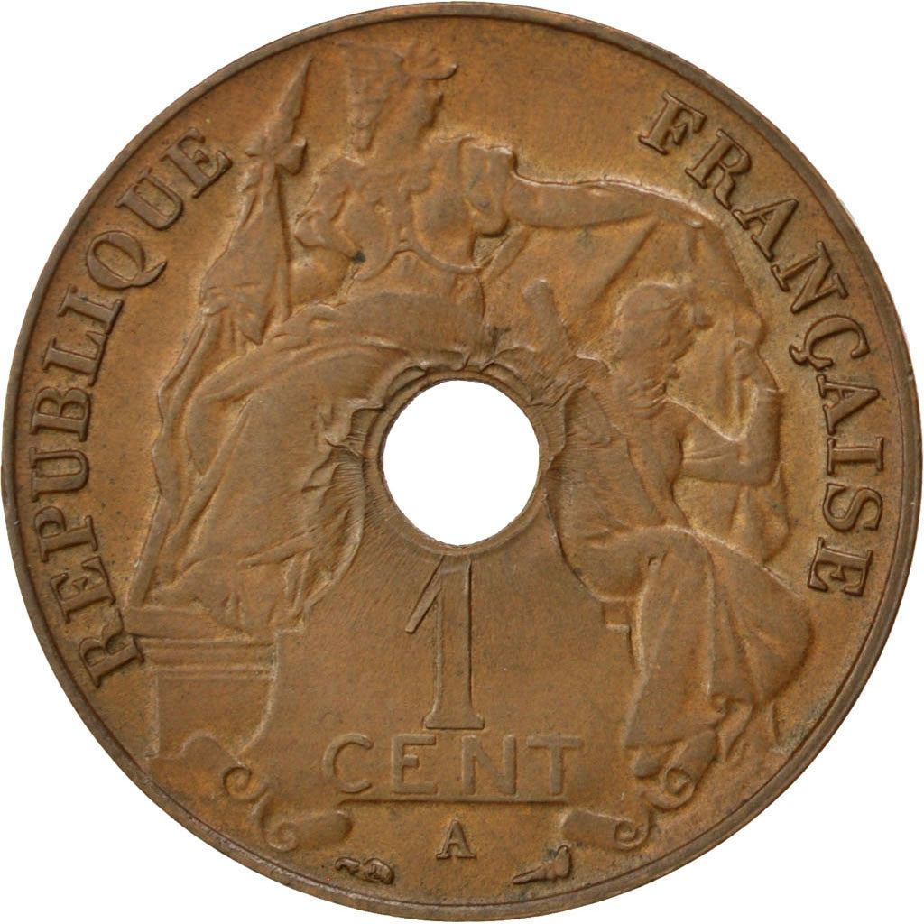 FRENCH INDO-CHINA, Cent, 1917, Paris, KM #12.1, AU(50-53), Bronze, 26, Lecompte.