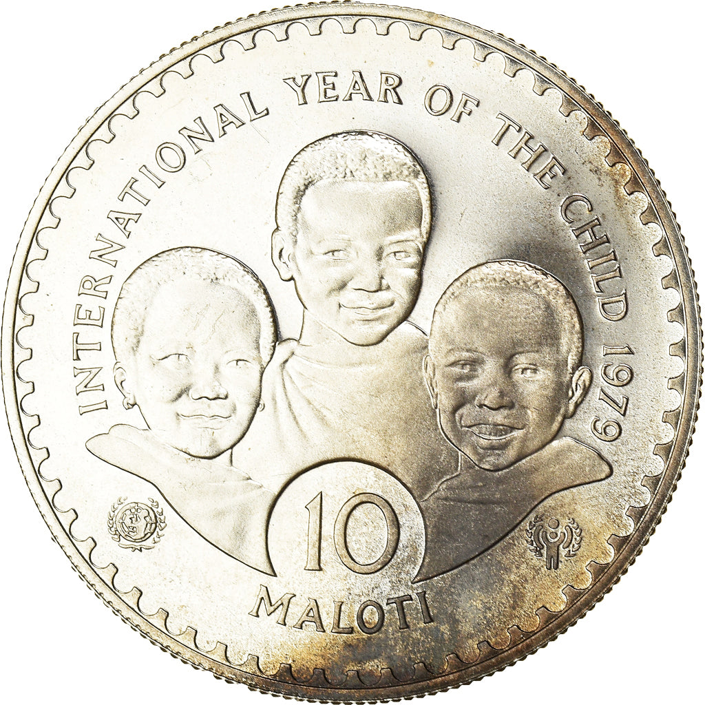 Coin, Lesotho, Moshoeshoe II, 10 Maloti, 1979, Year of Child, MS(64), Silver