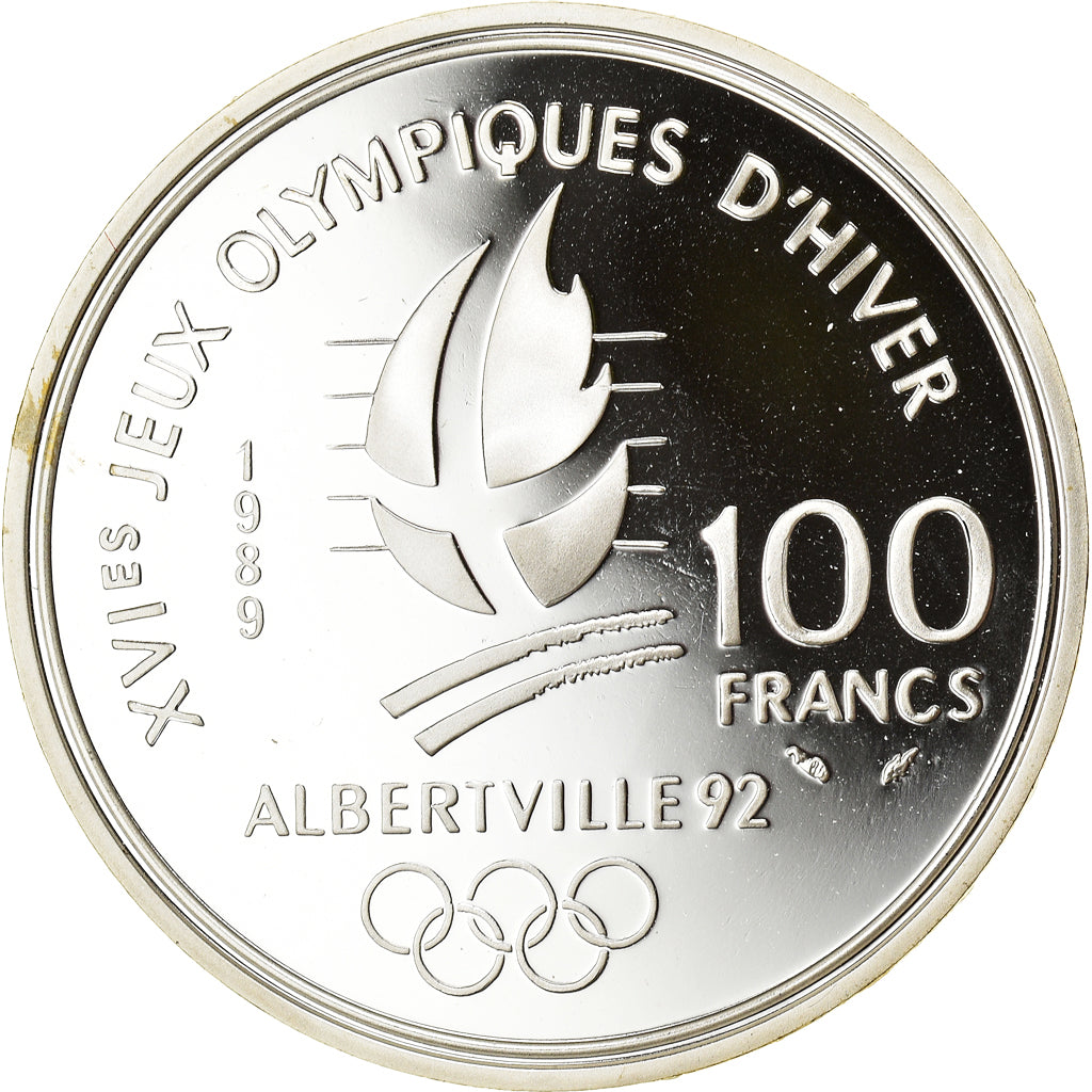 Moneta, Francia, Alpine skiing, 100 Francs, 1989, Albertville 92, FDC, Argento