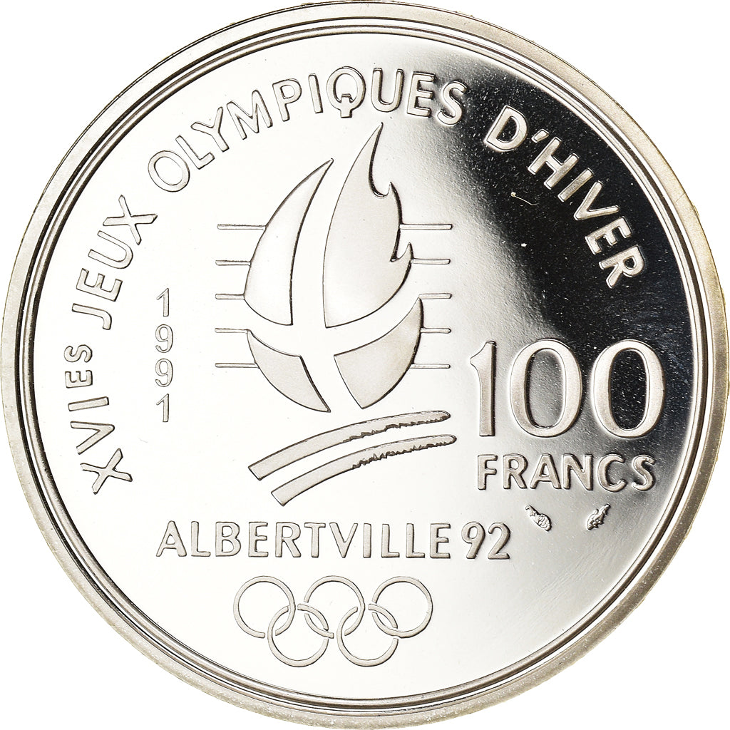 Moneda, Francia, Hockey players, 100 Francs, 1991, Albertville 92, FDC, Plata