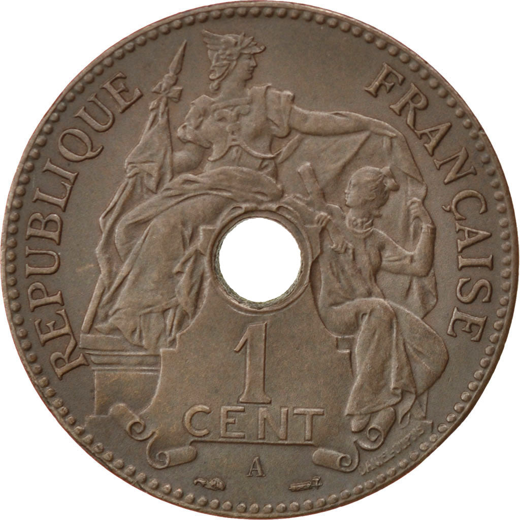 FRENCH INDO-CHINA, Cent, 1896, Paris, KM #P1, AU(55-58), Bronze, Lecompte #48,..