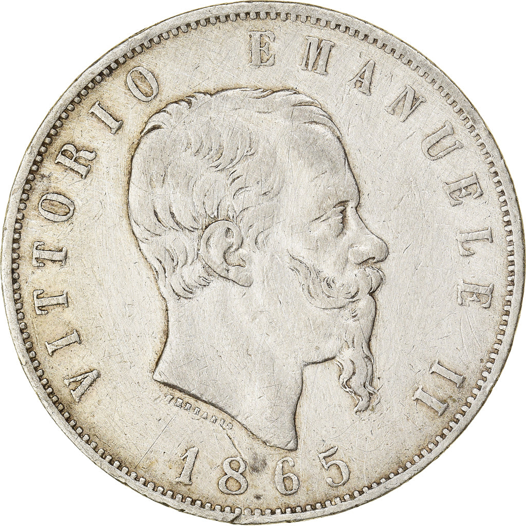 Coin, Italy, Vittorio Emanuele II, 5 Lire, 1865, Naples, VF(30-35), Silver