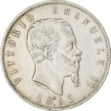 Coin, Italy, Vittorio Emanuele II, 5 Lire, 1865, Naples, VF(30-35), Silver