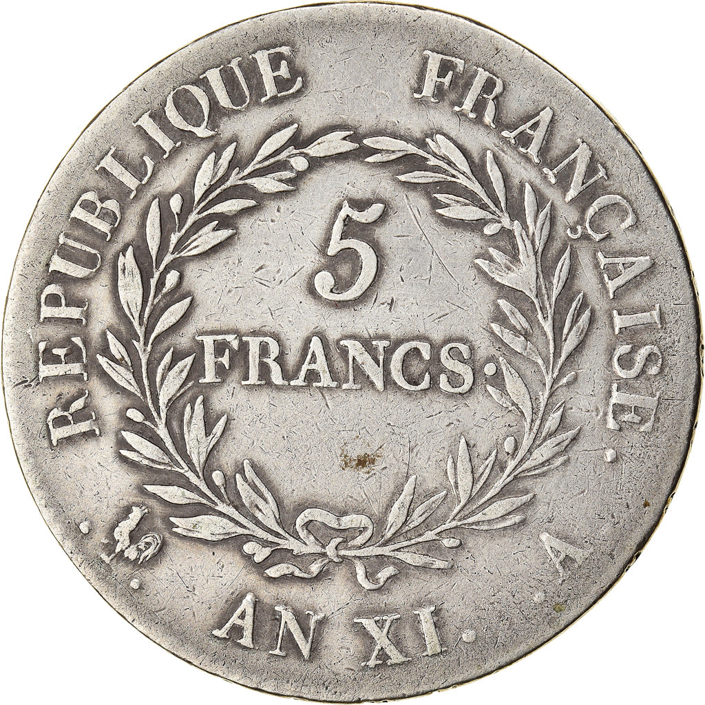 Munten, Frankrijk, Napoleon I, 5 Francs, An XI, Paris, FR+, Zilver, KM:650.1