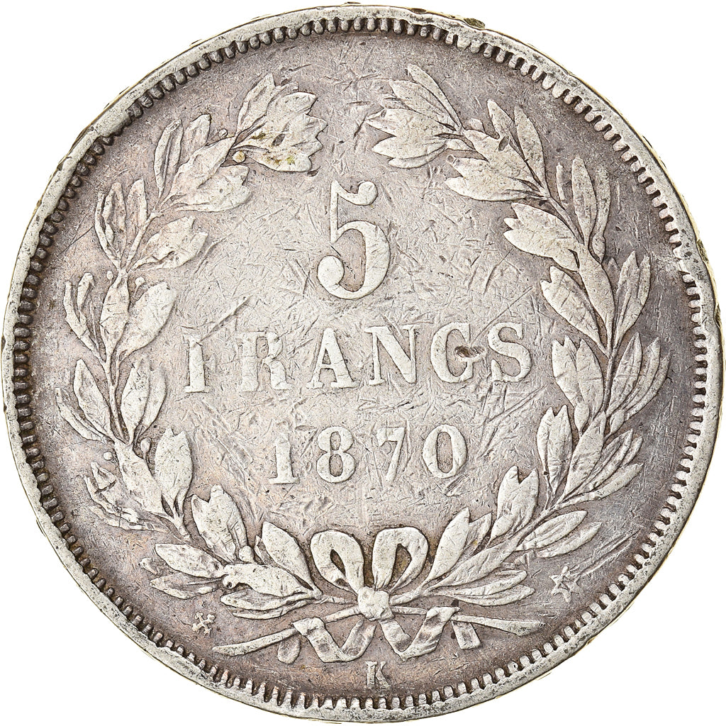 Moneta, Francia, Cérès, 5 Francs, 1870, Bordeaux, MB+, Argento, KM:818.2