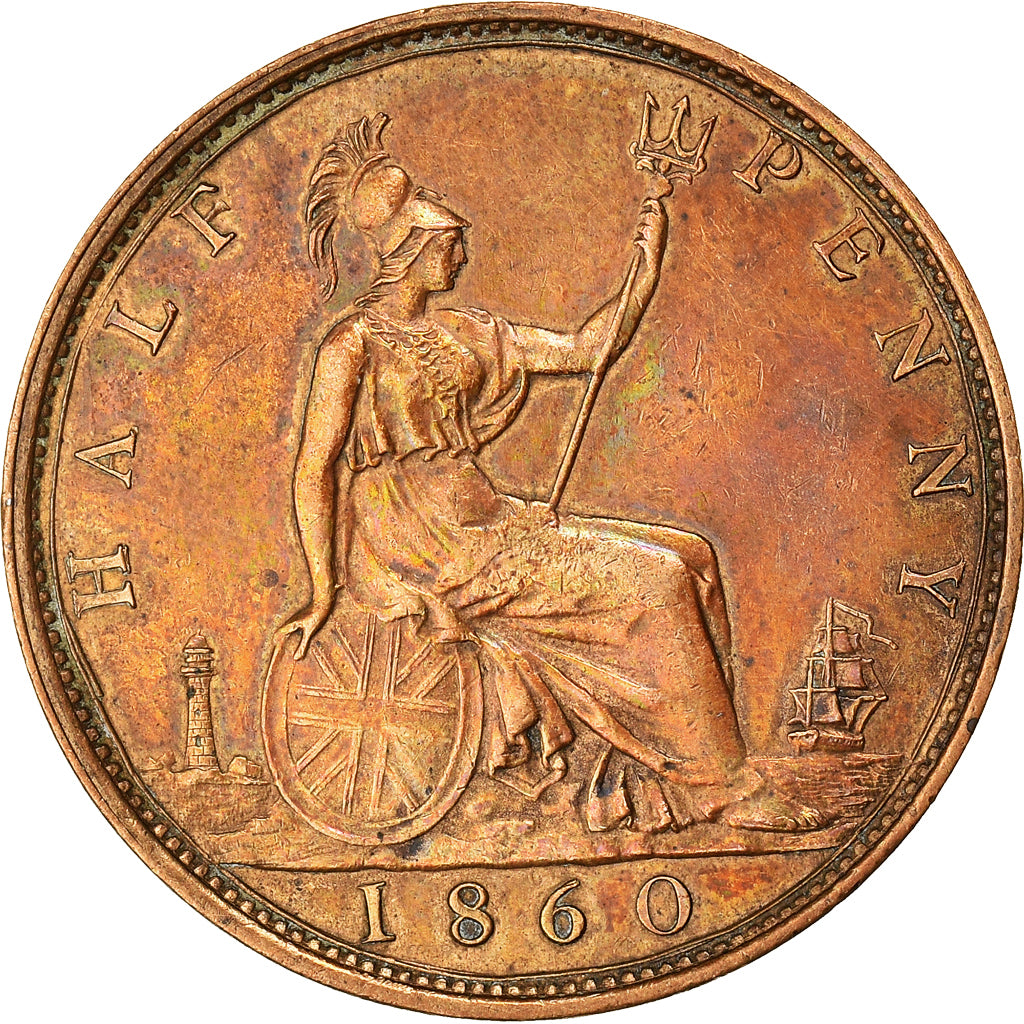 Moneta, Gran Bretagna, Victoria, 1/2 Penny, 1860, BB, Bronzo, KM:748.1
