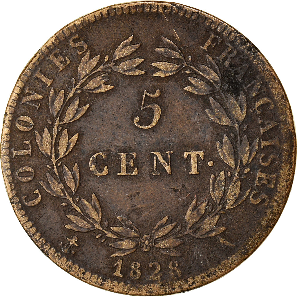 Coin, FRENCH COLONIES, Charles X, 5 Centimes, 1828, Paris, VF(30-35), Bronze
