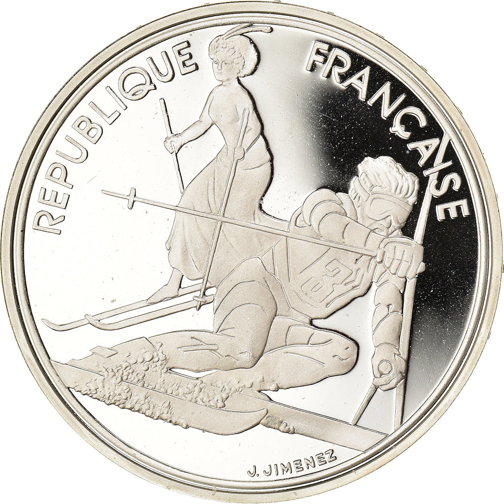 Moneta, Francia, Slalom skiers, 100 Francs, 1990, Albertville 92, FDC, Argento