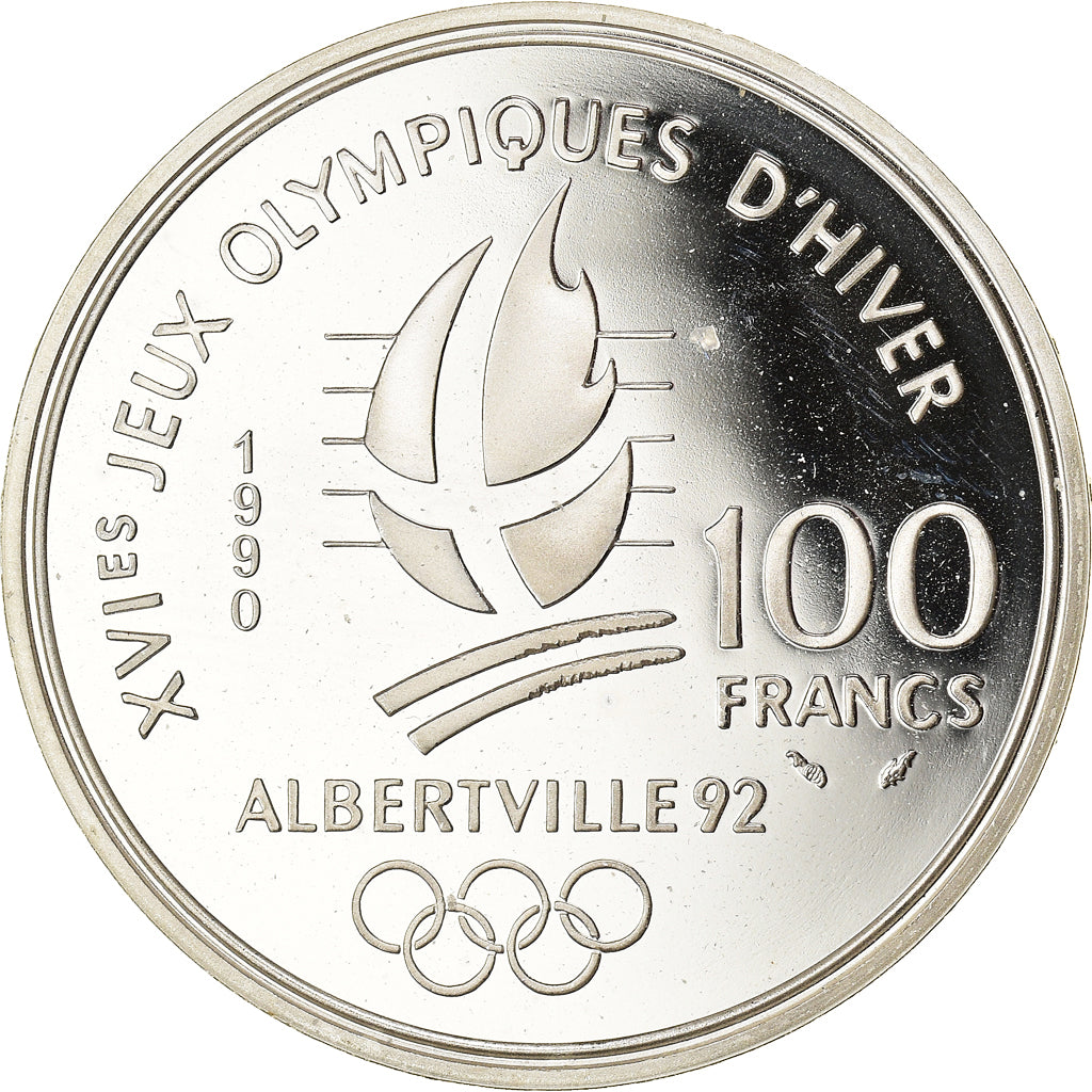Moneta, Francia, Slalom skiers, 100 Francs, 1990, Albertville 92, FDC, Argento