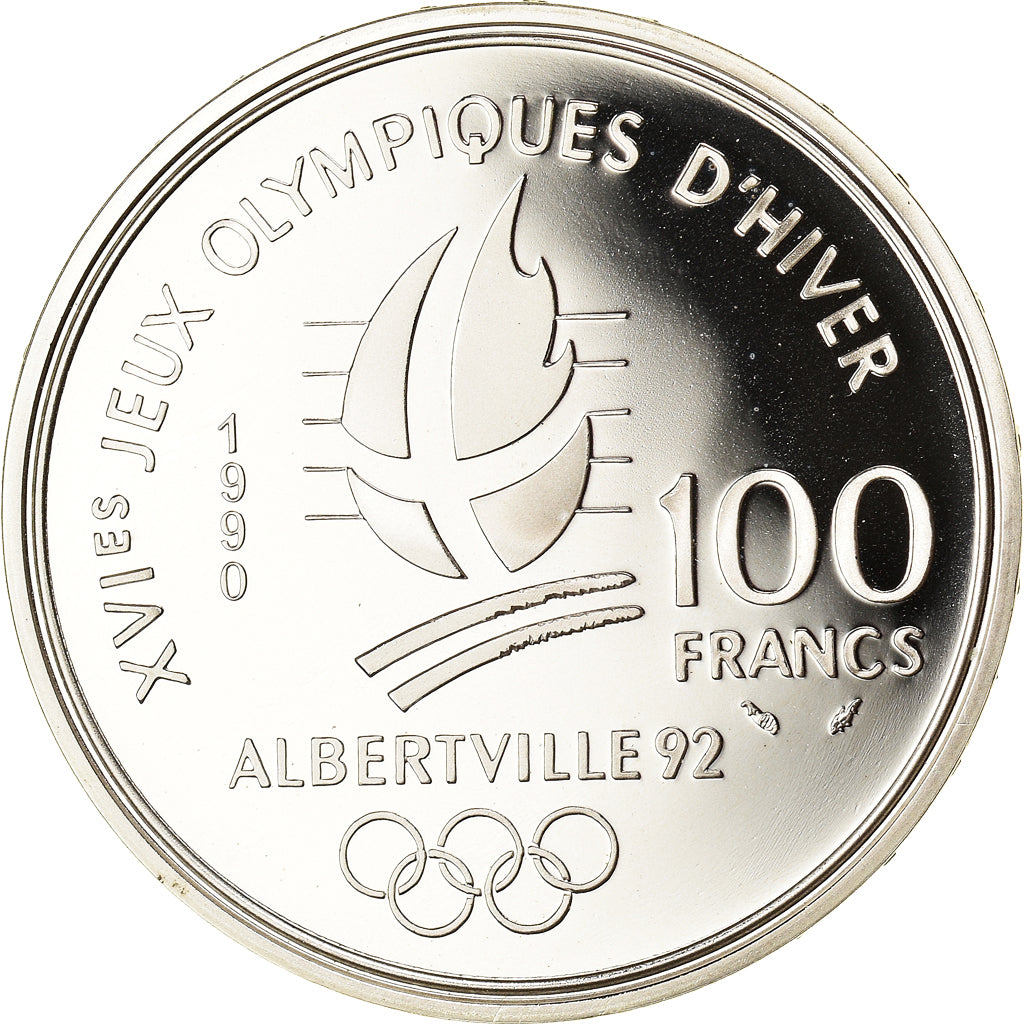 Coin, France, Bobsledding, 100 Francs, 1990, Albertville 92, MS(65-70), Silver