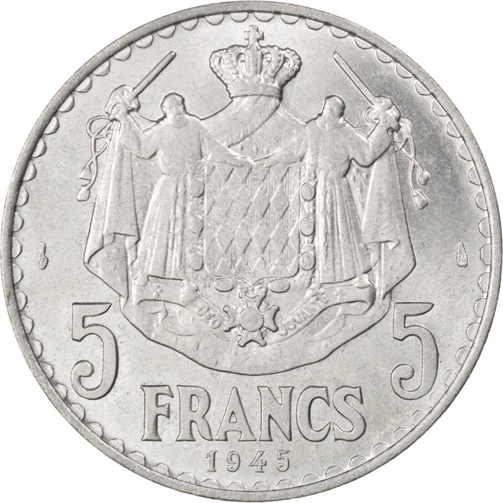MONACO, 5 Francs, 1945, KM #122, MS(60-62), Aluminum, Gadoury #135, 3.81