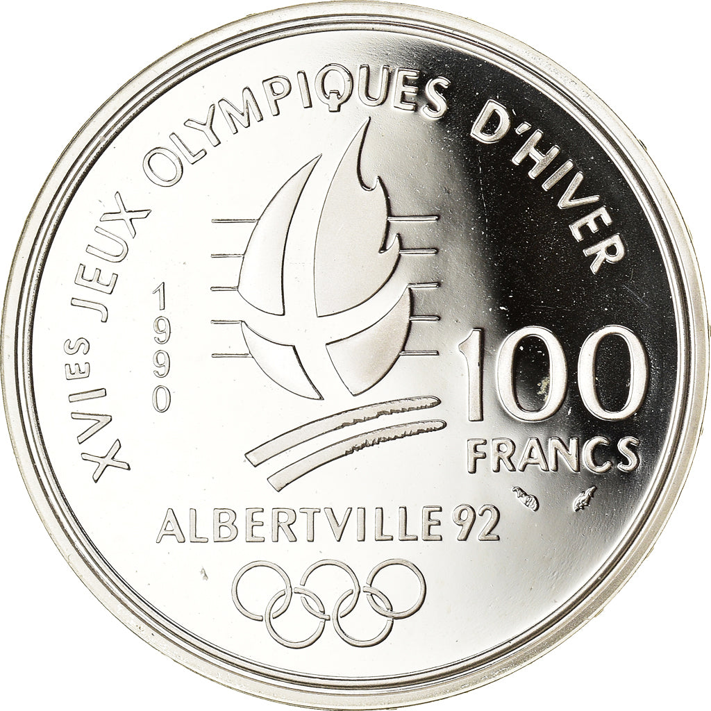 Monnaie, France, Ski Acrobatique, 100 Francs, 1990, Albertville 92, FDC, Argent