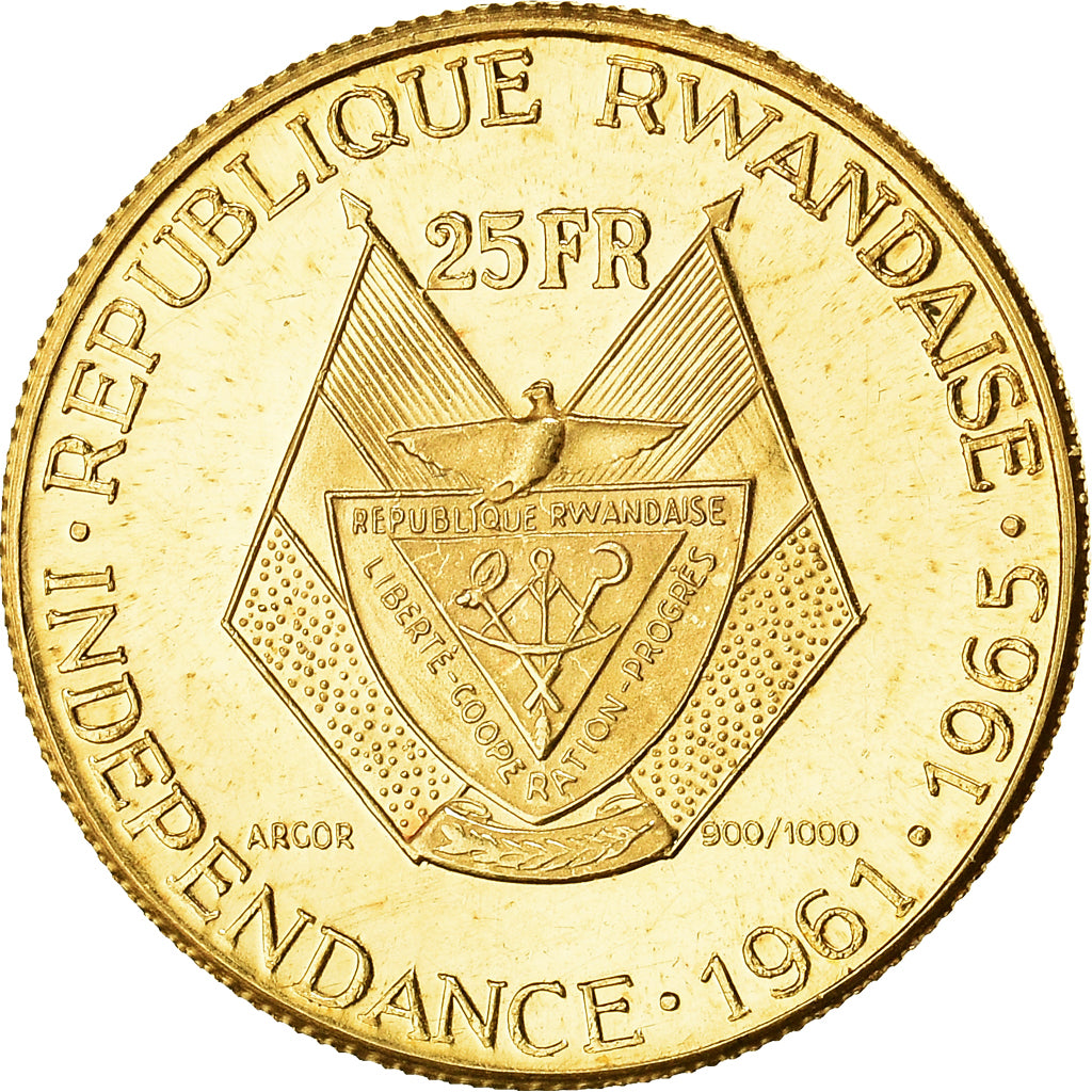 Coin, Rwanda, 25 Francs, 1965, MS(63), Gold, KM:2