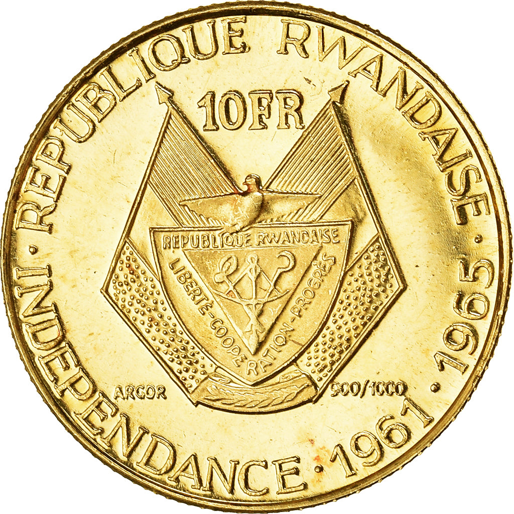 Coin, Rwanda, 10 Francs, 1965, MS(63), Gold, KM:1