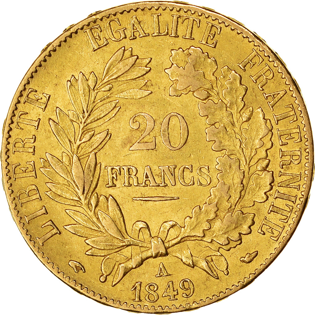 Moneda, Francia, Cérès, 20 Francs, 1849, Paris, Rare, MBC+, Oro, KM:762