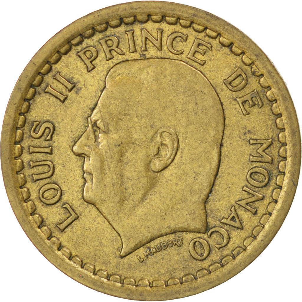 MONACO, Franc, 1943, KM #120a, EF(40-45), Aluminum-Bronze, 23, Gadoury #132,...